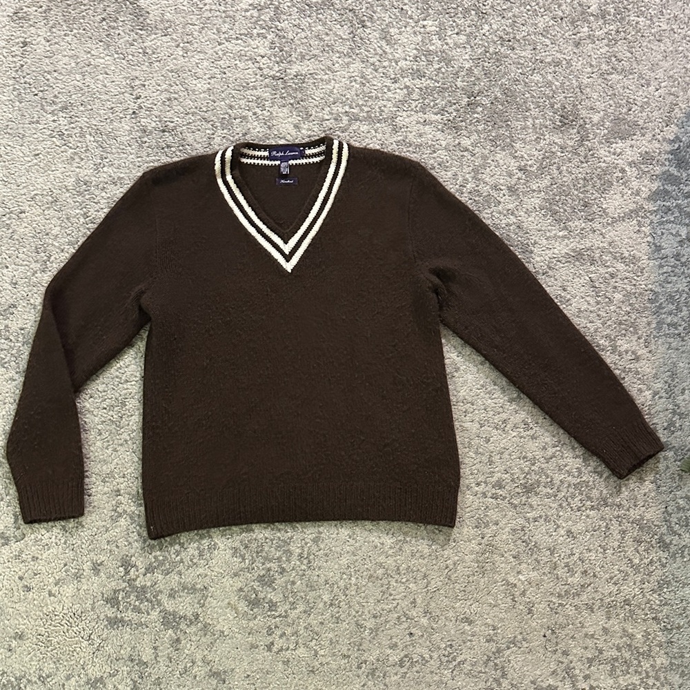 Ralph Lauren Purple label Dark Brown V-Neck Kashmir Sweater. M/L
